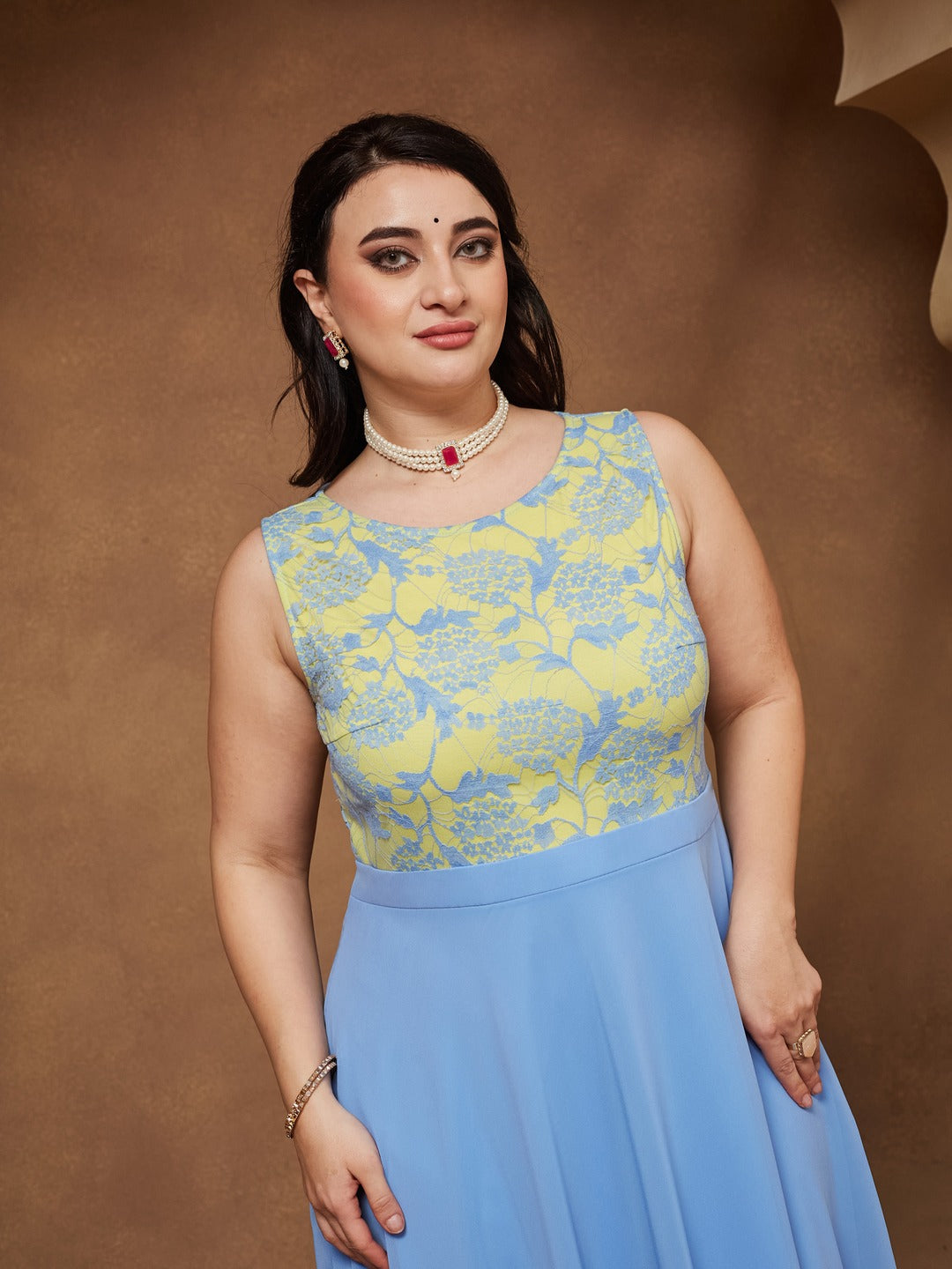 Sky Blue Round Neck Sleeveless Georgette & Lace Floral Fit & Flare Maxi Dress for Women — Miss Chase A+