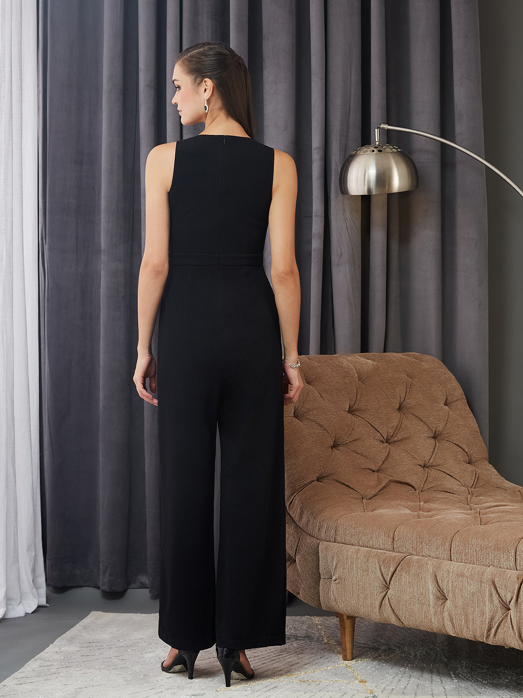 Women's Black V-Neck Sleeveless Solid Wrap Regular Length Jumpsuit