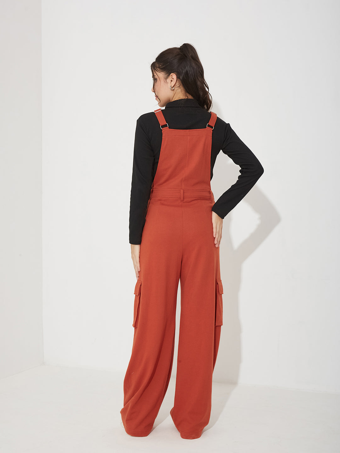 Women's Rust Square Neck Sleeveless Solid Wide Leg Full Length Cotton Dungaree