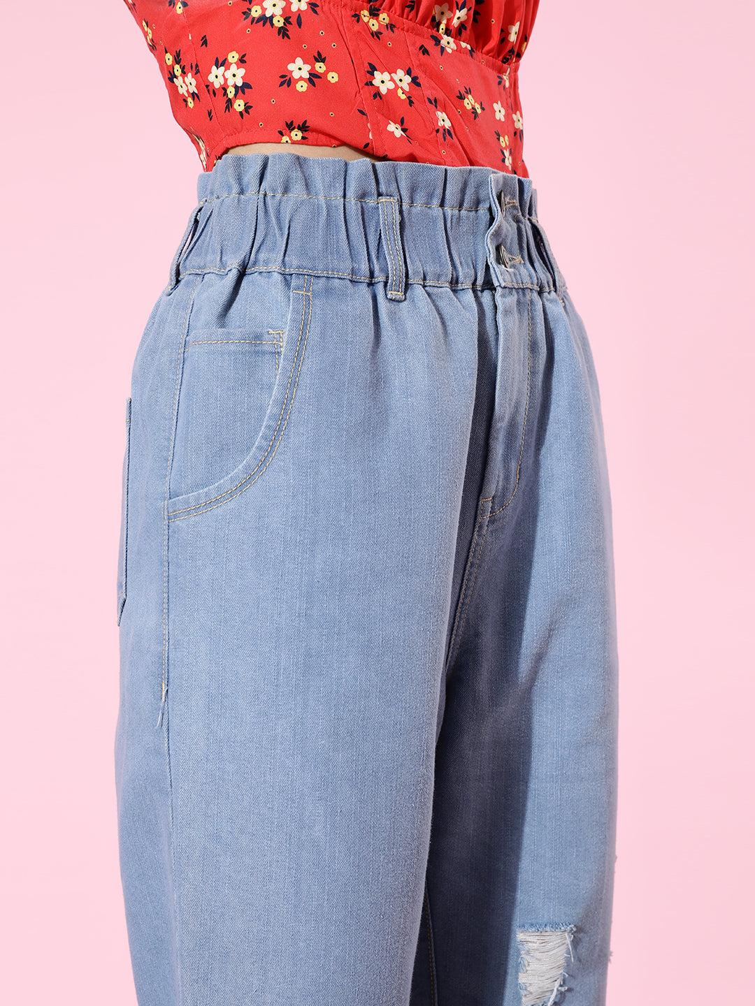 Women's Light Blue Mom's Jean High-Rise Mild Distress Stretchable Denim Jeans
