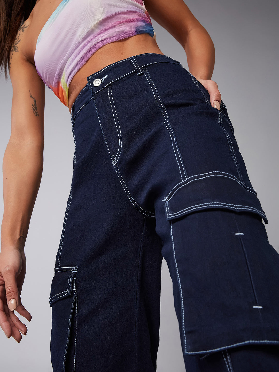 24/7 Comfort Navy-Blue Wide-Leg High-Rise Stretchable Denim Jeans