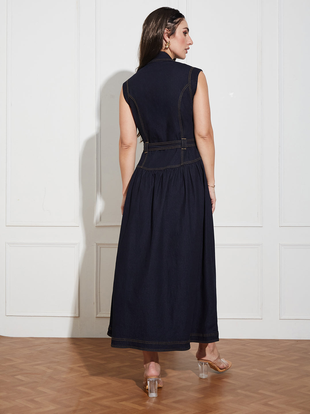 Women's Dark Blue Notched-Collar Sleeveless Solid Drop Waist Maxi-Length Light Weight Denim Shirt Dress