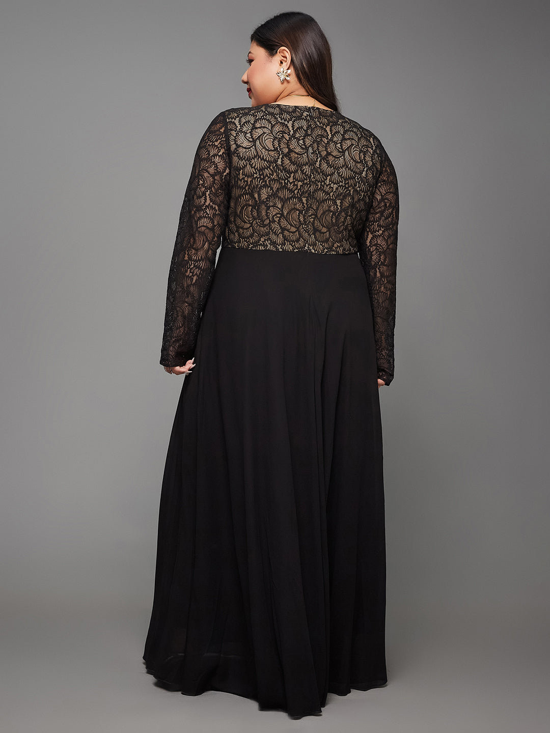 Black V-Neck Full Sleeve Self Design Lace-Overlaid Georgette Maxi Dress for Women