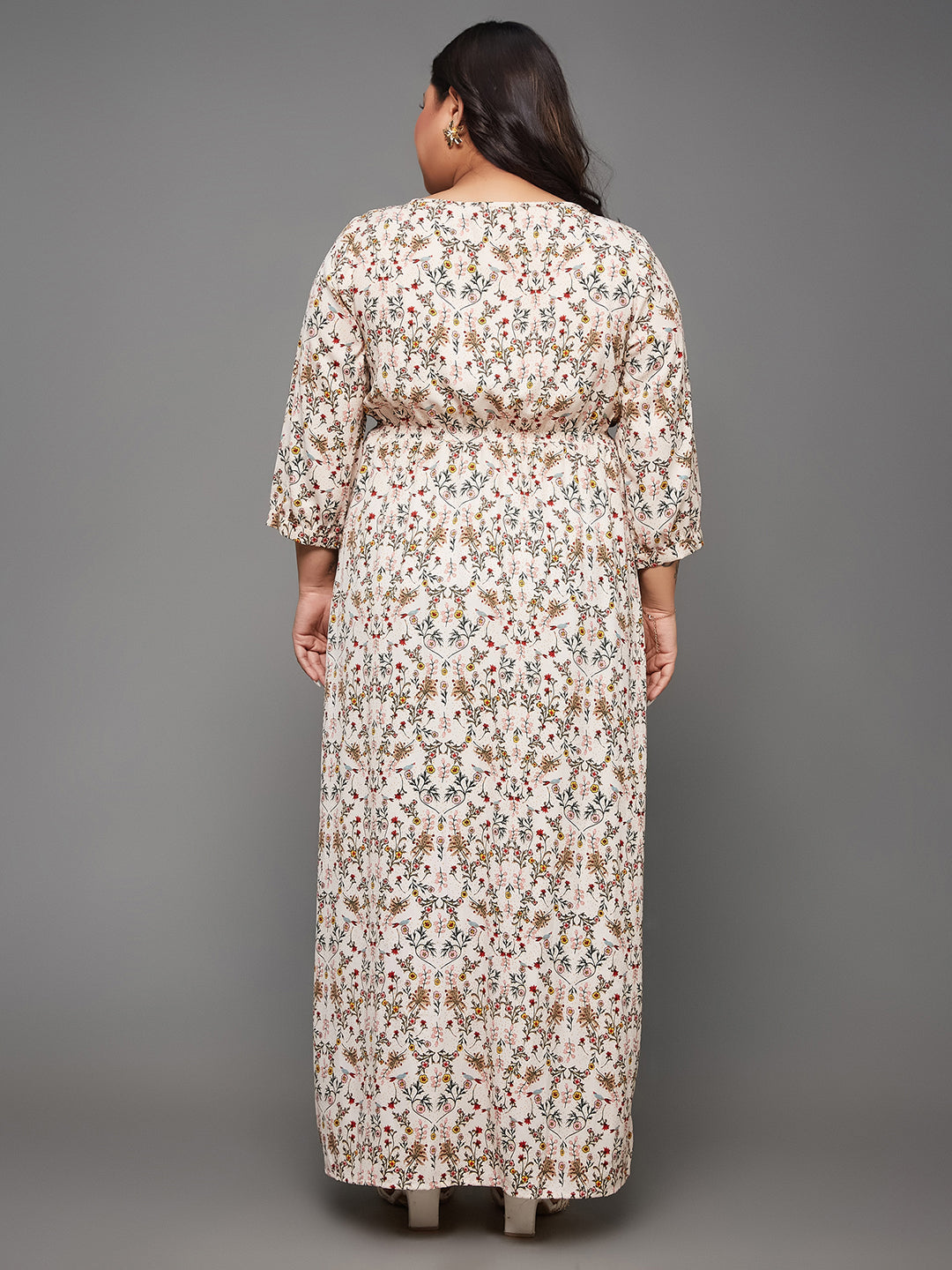 Multicolored Round Neck 3/4 Sleeve Floral Tie-Up Tassel Detailing Front Slit Maxi Top for Women
