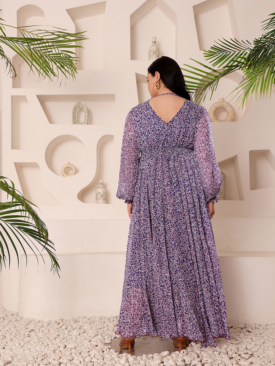Body Bliss Multicolored-Base-Purple V-Neck Bishop Sleeve Floral Gathered Chiffon Maxi Dress