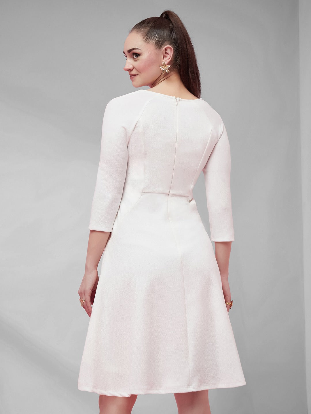 Off White Solid Square Neck Raglan Sleeves Side Pocketed Polyester Fit and Flare Knee-Length Dress for Women