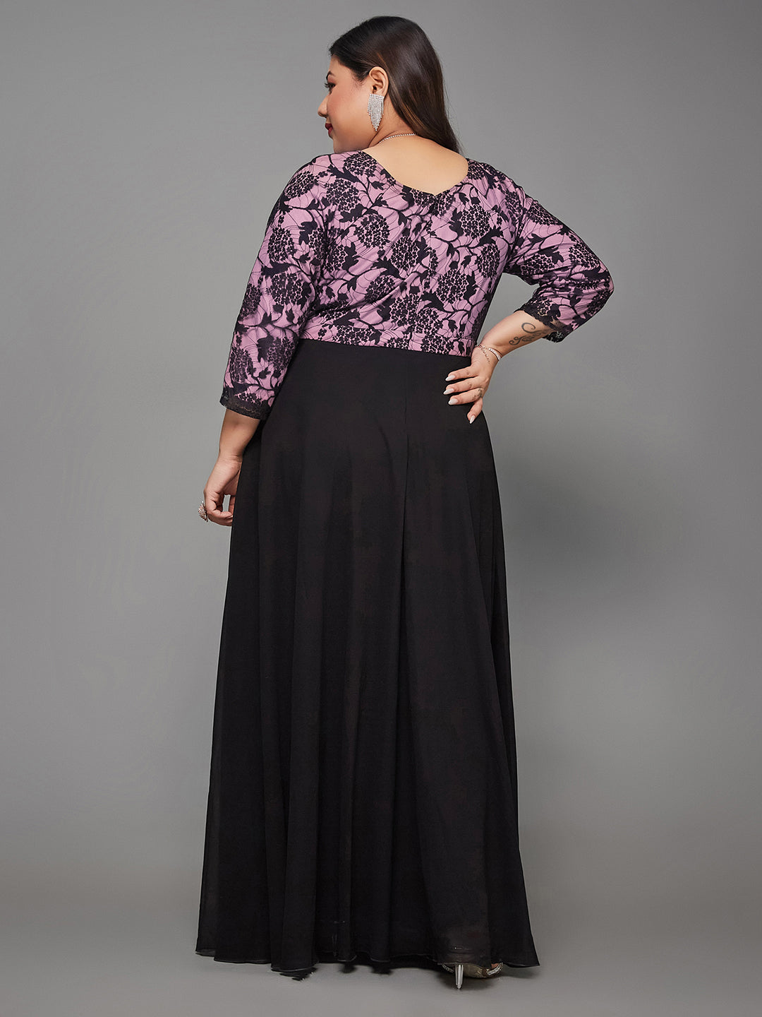 Black And Lavender Sweet heart neck 3/4 Sleeve Self Design Fit & Flare Maxi Dress for Women