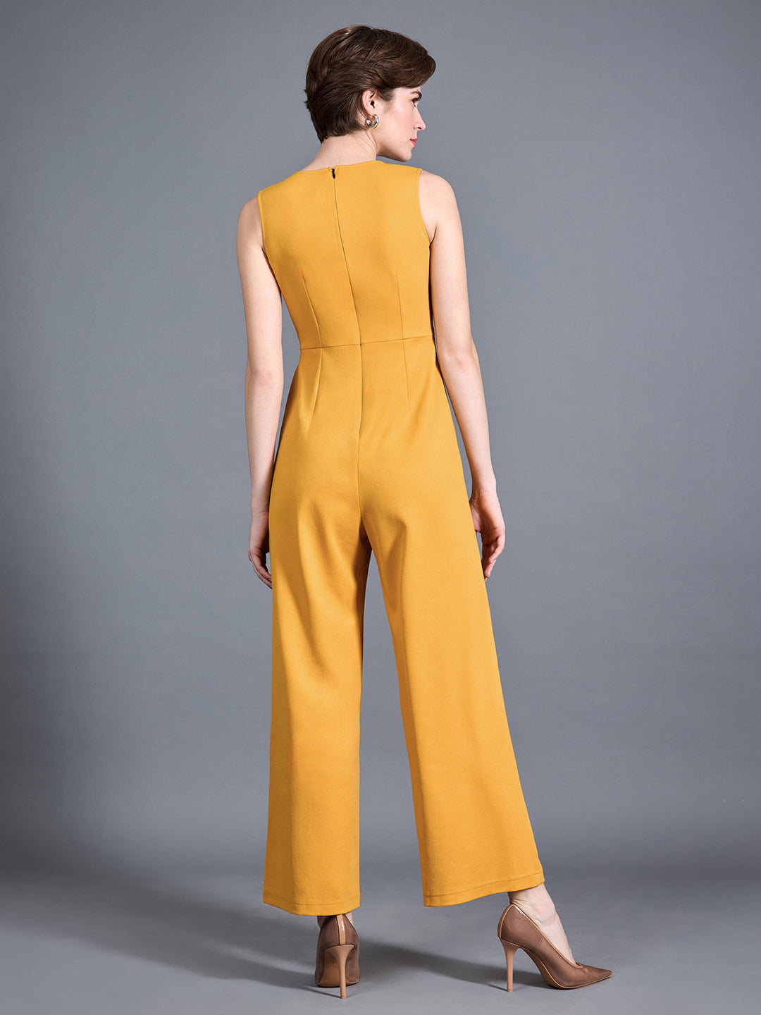 Women's Mustard Yellow V-Neck Sleeveless Solid Wrap Regular Length Jumpsuit