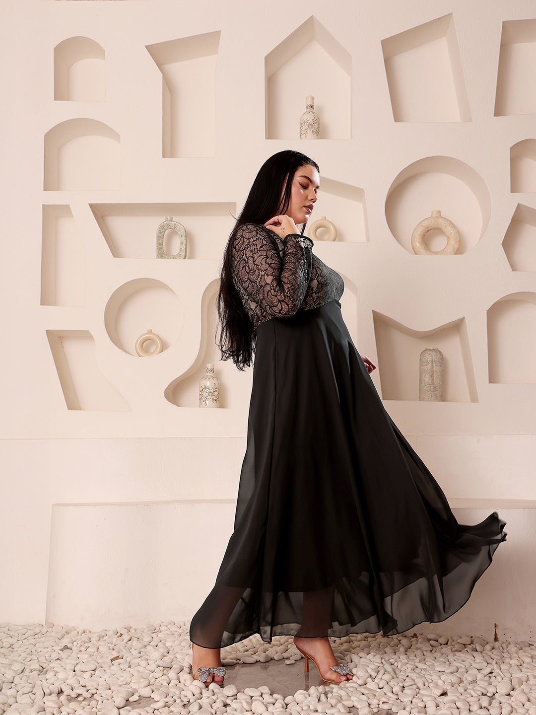 Women's Black V-Neck Full-Sleeves Self-Design Lace-Overlaid Georgette Maxi Dress