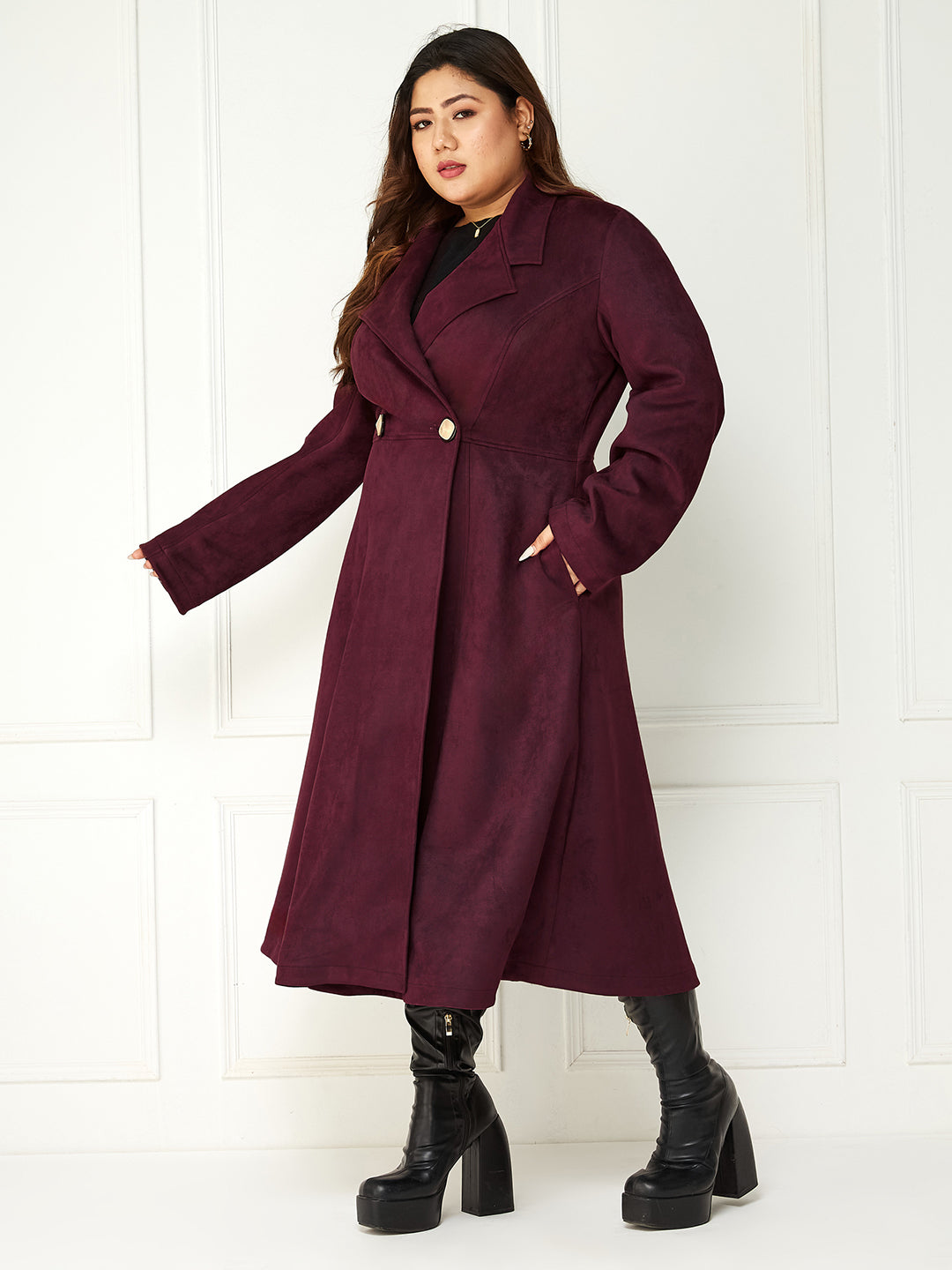 Body Bliss Wine Solid Double Breasted Longline Jacket for Women — Miss Chase A+