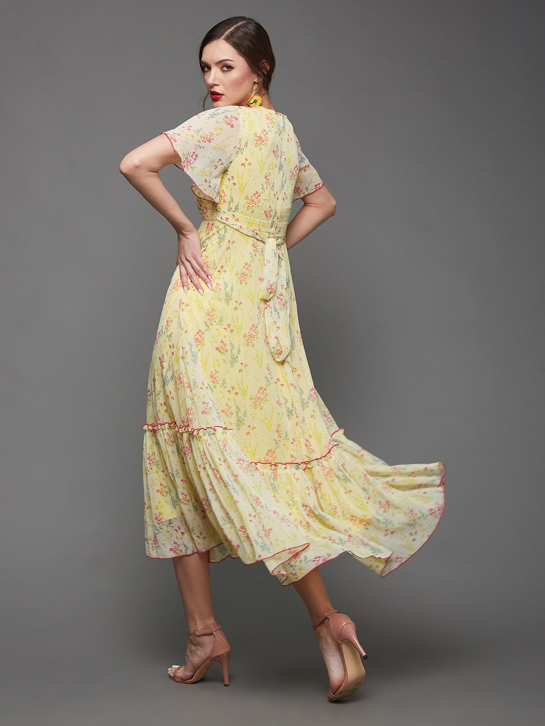 Yellow Floral Printed Flutter Sleeves Maxi Dress Long Dress Frock for Women