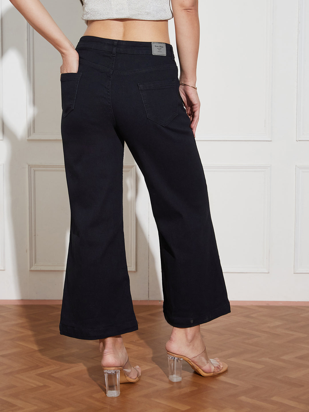 Women's Black Wide-Leg Mid Rise Clean Look Cropped Stretchable Denim Jeans