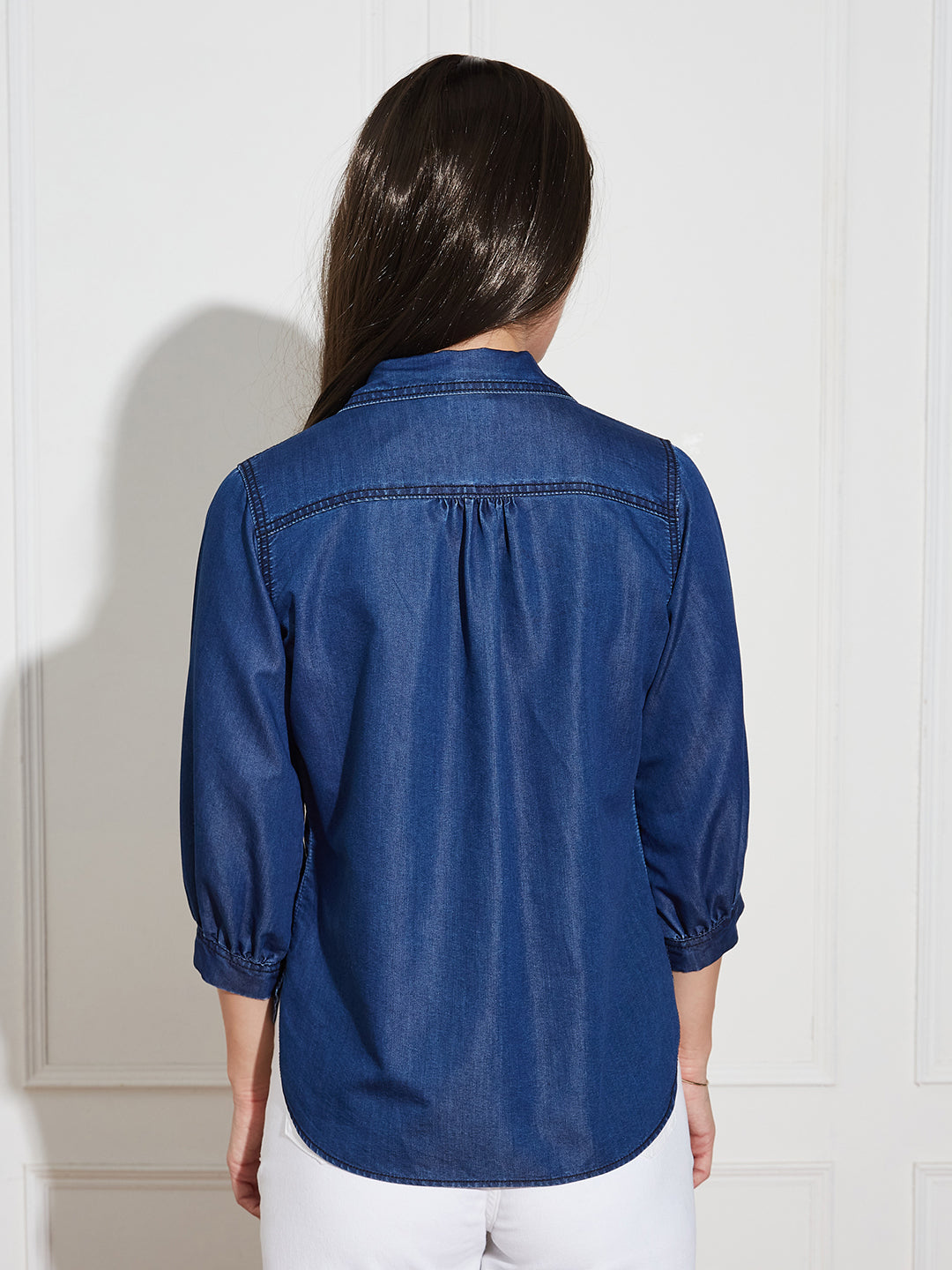 Women's Dark Blue Collar-Neck Puff-Sleeve Solid-Colored Light Weight Denim Tunic Top