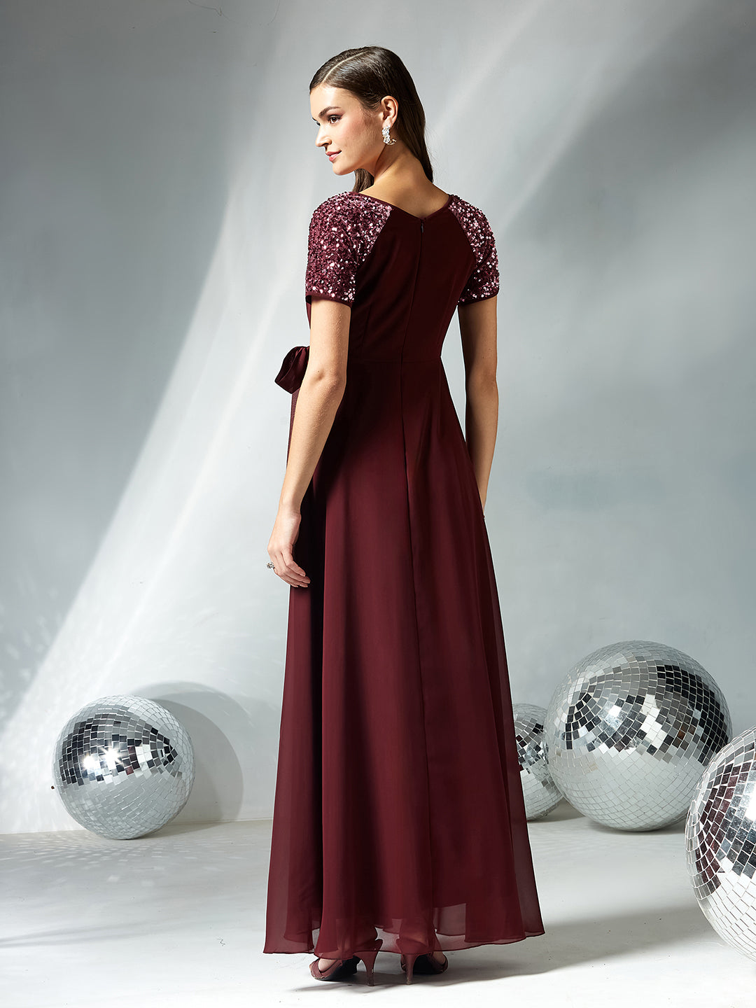 Wine Relaxed Fit Maxi Georgette Dress for Women
