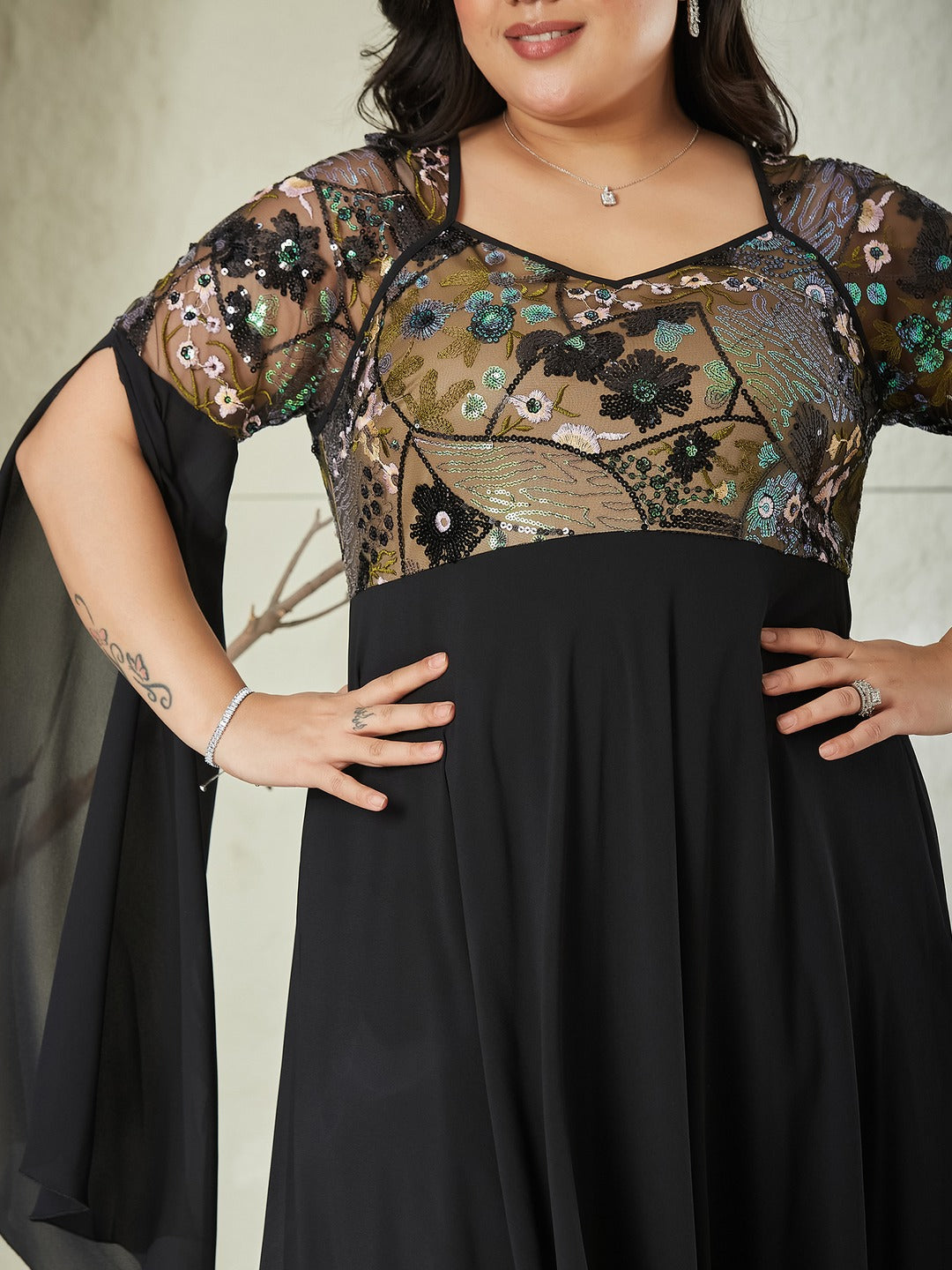 Black Sweet-Heart Full Sleeve Embellished Slit Sleeve Maxi Georgette Dress for Women