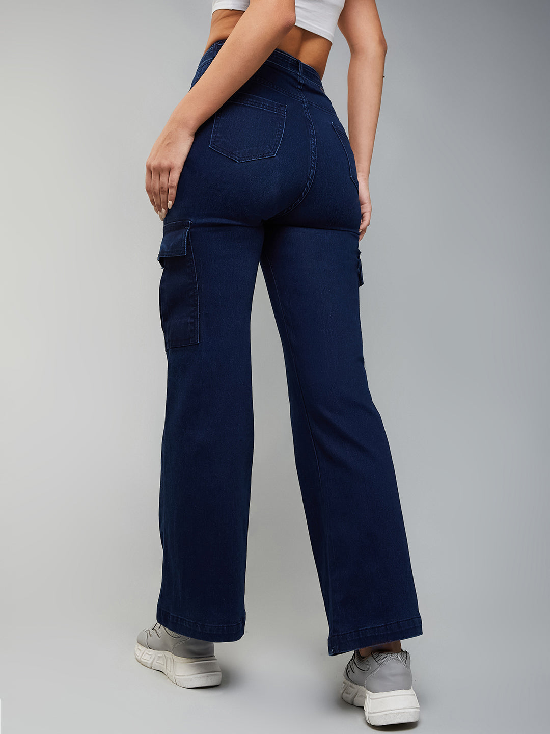24/7 Comfort Navy Blue Wide-Leg High-Rise Clean-Look Regular Stretchable Cargo Denim Jeans