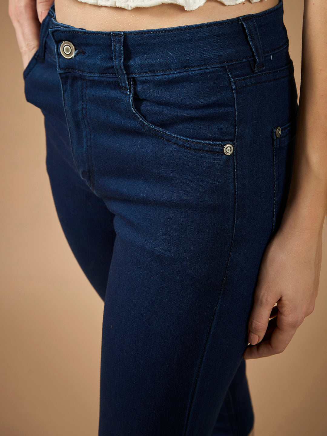 Women's Navy-Blue Skinny-Fit High-Rise Cropped-Length Clean-Look Denim Stretchable Capri Jeans