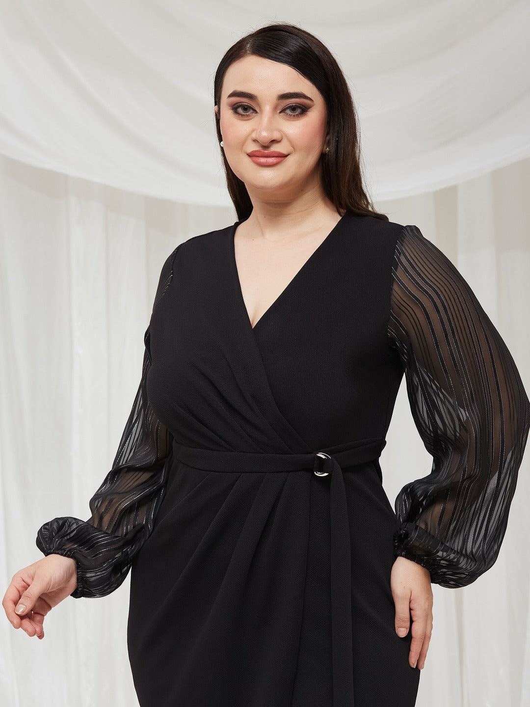Black Solid V Neck Bishop Sleeves Front Pocketed Polyester Wrap Knee-Length Dress for Women — Miss Chase A+