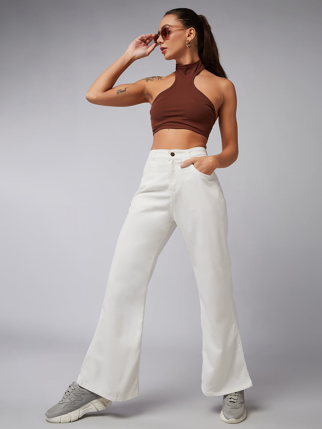 White Bootcut High-Rise Clean-Look Regular Stretchable Denim Jeans for Women