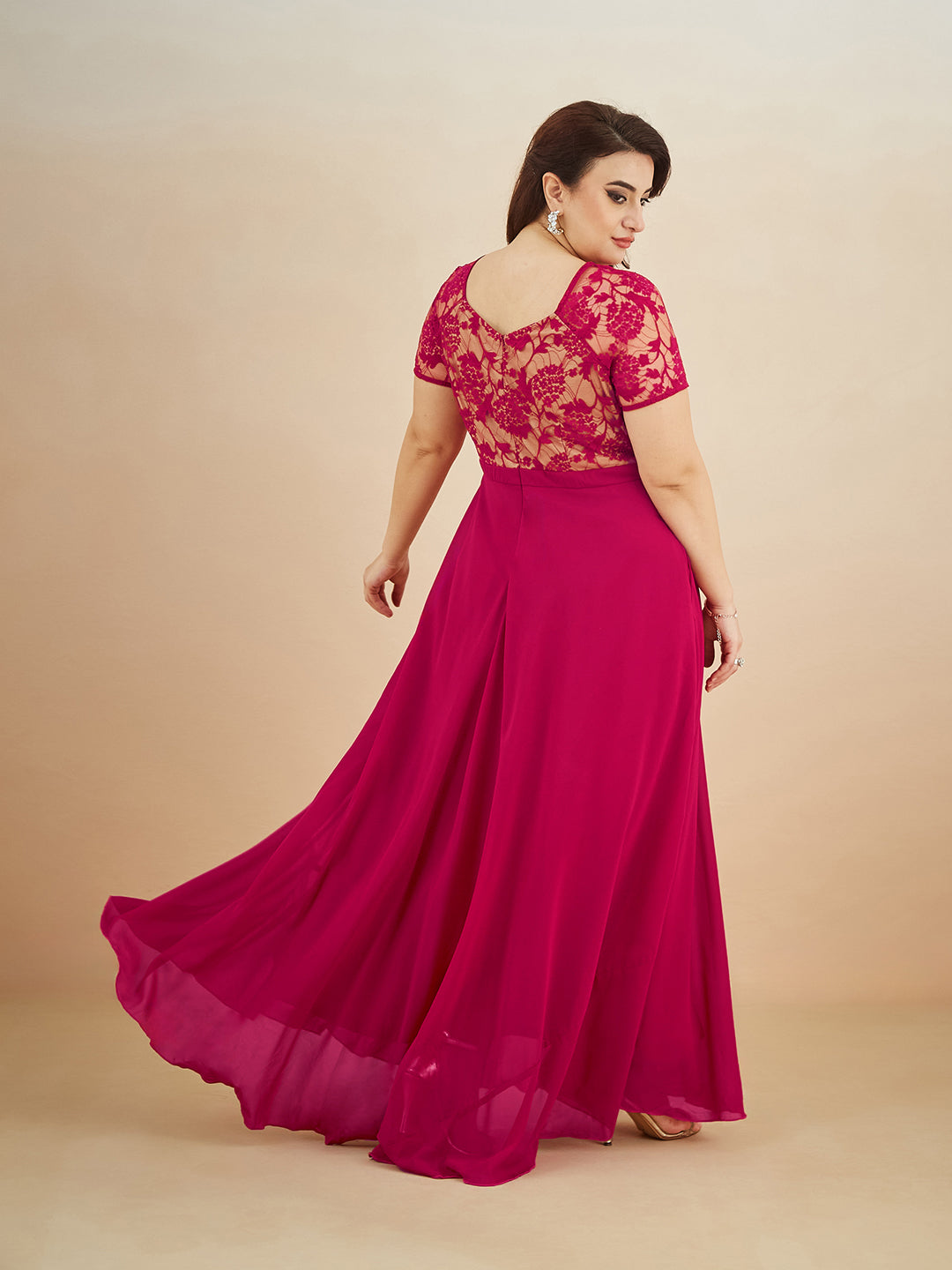 Dark Pink Square Neck Raglan Short Sleeve Self Design Lace Overlaid Georgette Maxi Dress for Women — Miss Chase A+