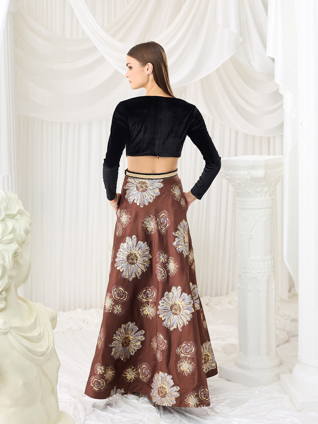 Brown Choli Cut Full Sleeve Floral Cut-Out Maxi Dress for Women
