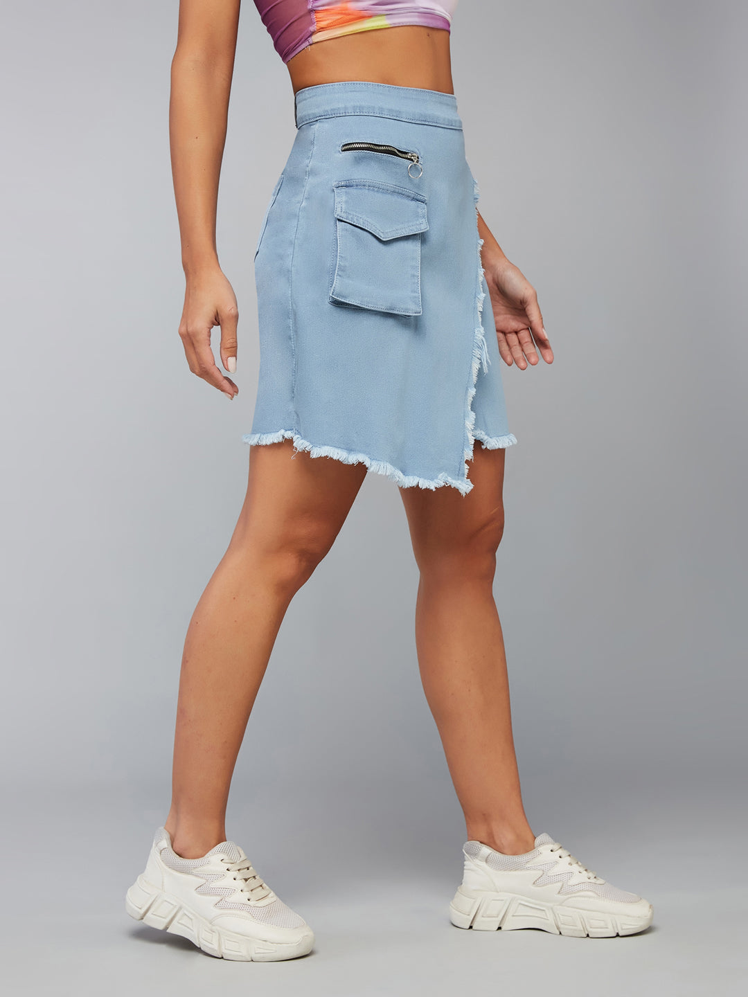 Women's Light Blue High-Rise Above Knee Stretchable Denim Skirt