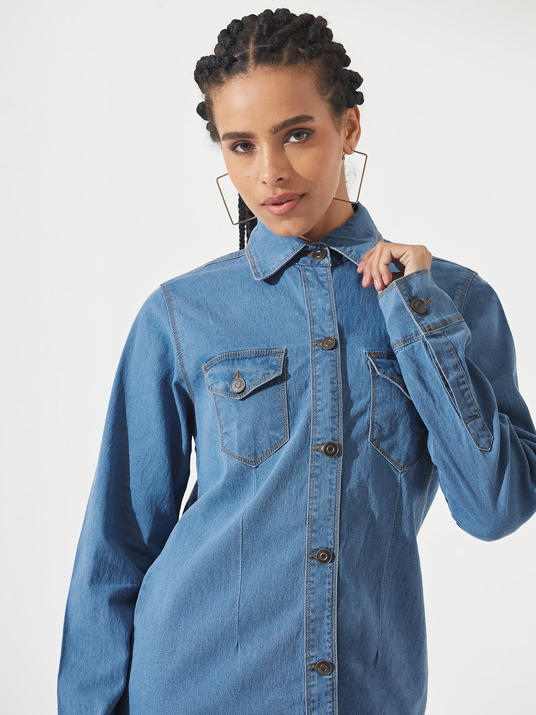 Blue Polo Neck Full Sleeves Denim Knee-Long Shrug for Women