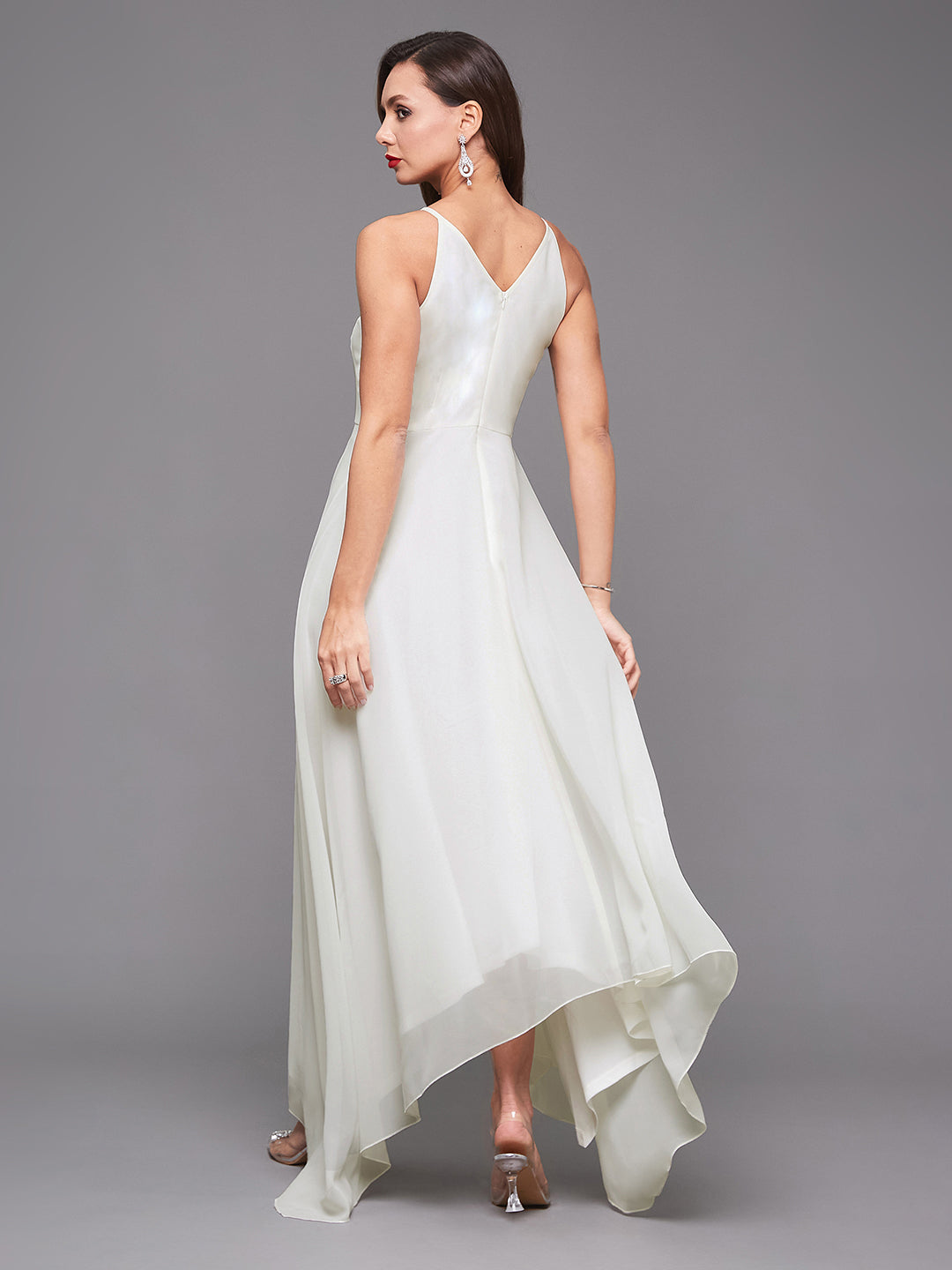 Off White Halter Neck Floral Sequinned High Low Maxi Dress Gown Frock for Women | Ladies' Cocktail Hour Edit