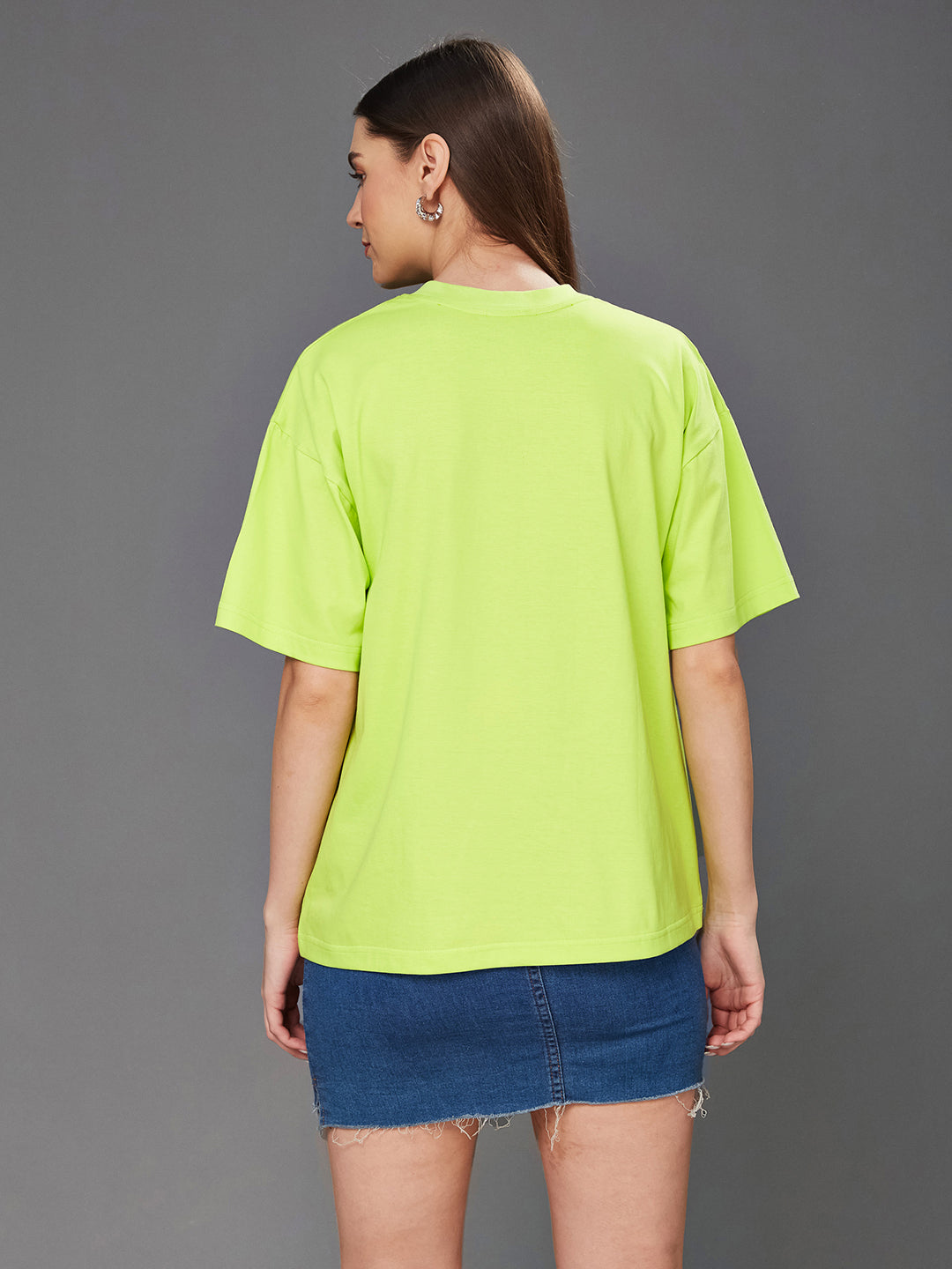 Women's Lime Green Round Neck Half-Sleeve Cartoon-Printed Oversized Cotton T-Shirt