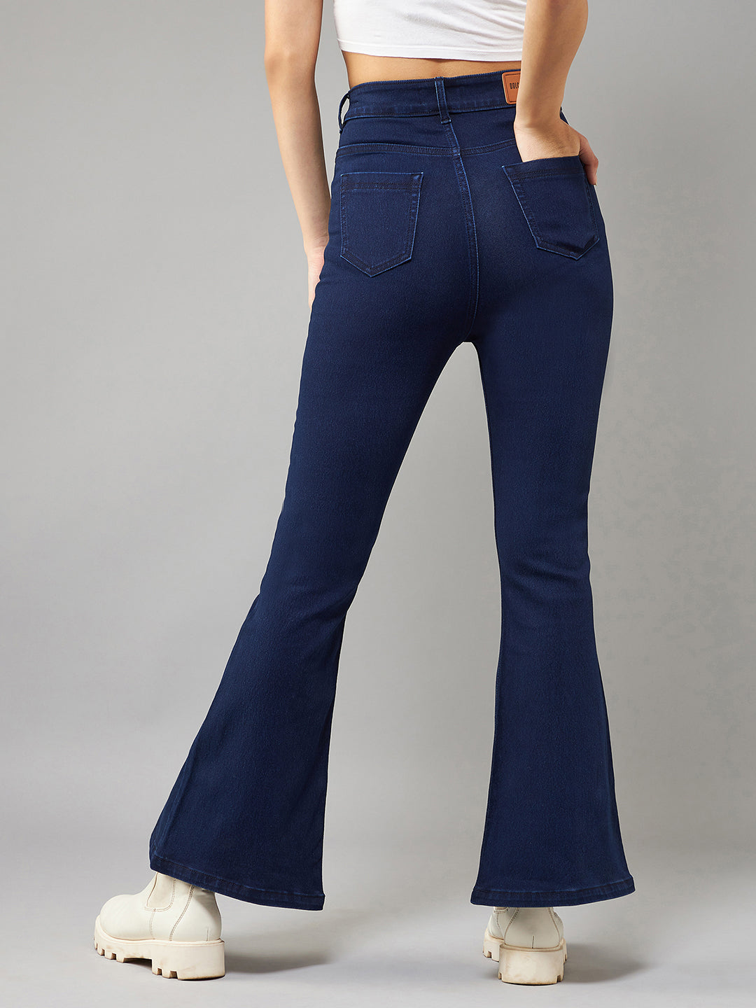 24/7 Comfort Navy-Blue Bell-Bottom Bootcut Hourglass High-Rise Stretchable Slit Denim Jeans for Women