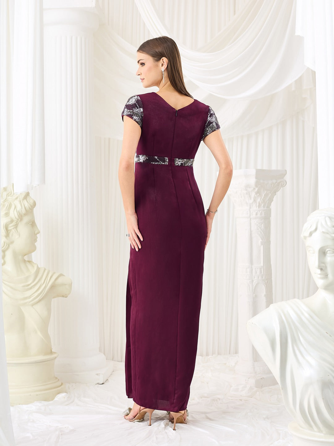 Wine V-Neck Gown in Embellished Pleated Lustrous Satin for Women