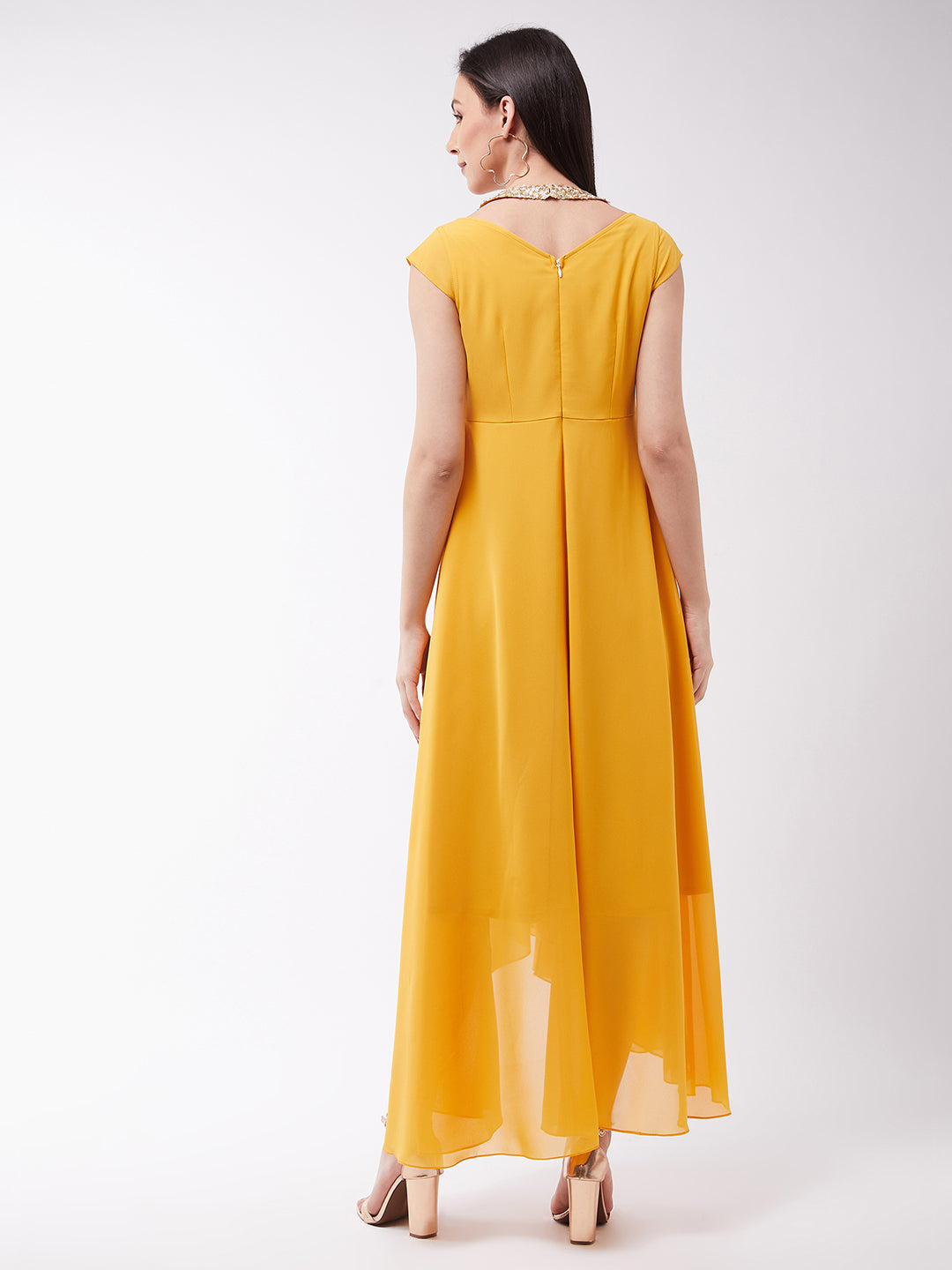 Women's Mustard Round neck Cap Sleeve Solid Embellished Maxi Dress