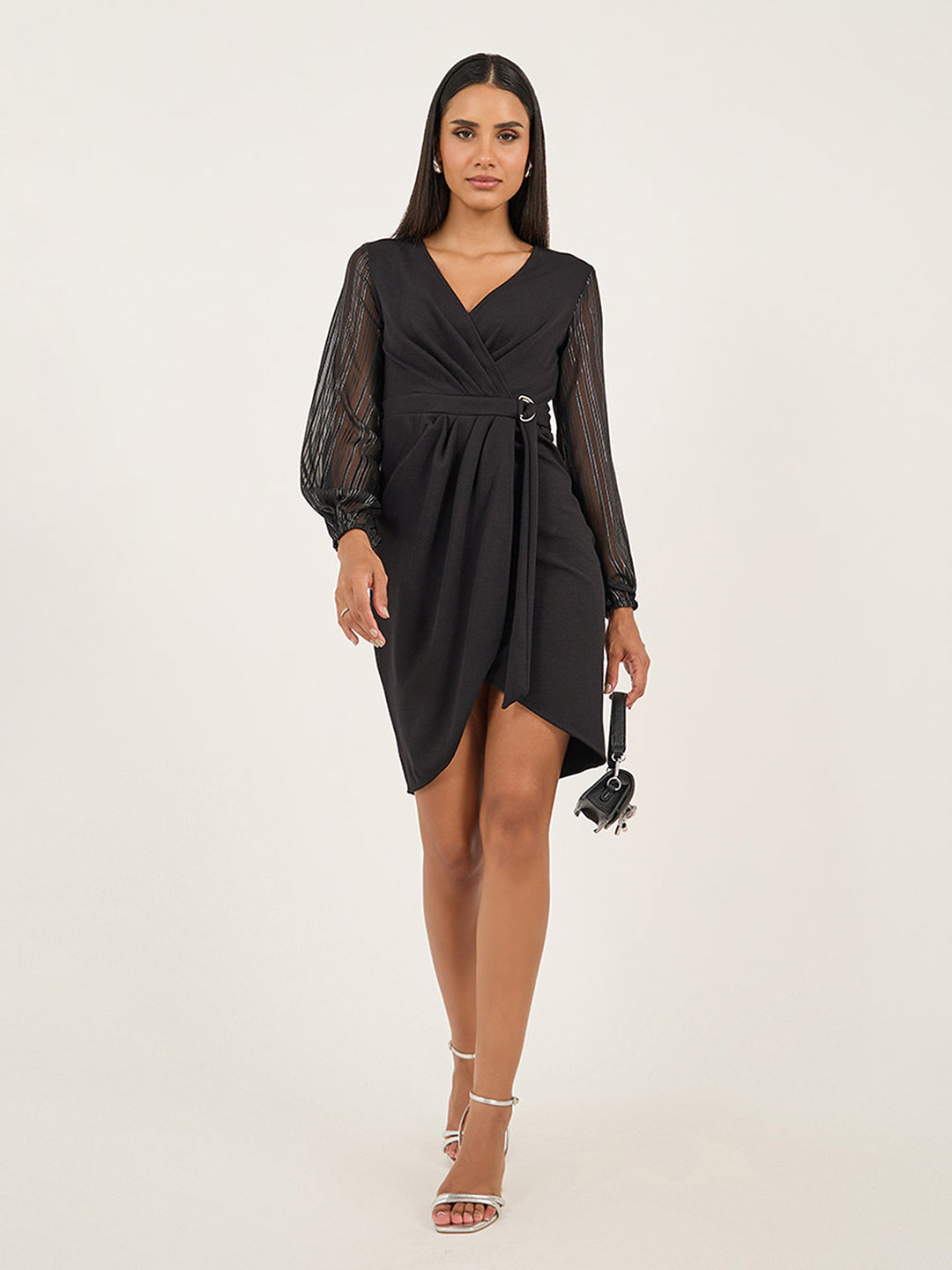 Women's Black Solid V Neck Bishop Sleeves Front Pocketed Polyester Wrap Knee-Length Dress