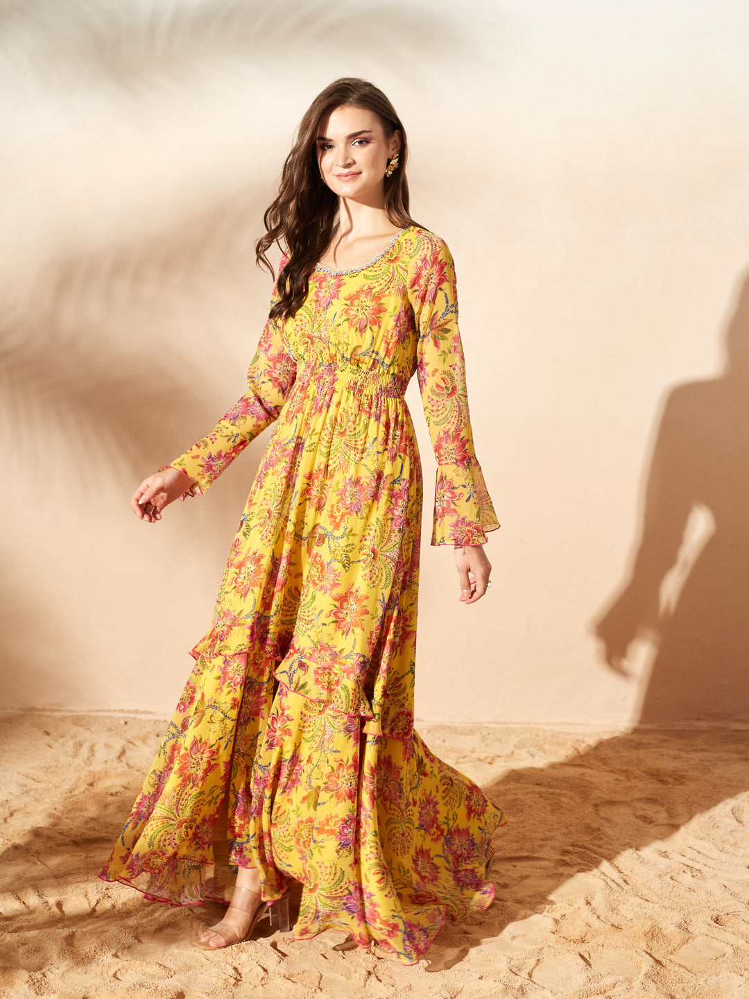 Mustard Sweetheart Flounce Floral Ruffled/ Front Slit Maxi Chiffon Ethnic Dress for Women — Miss Chase