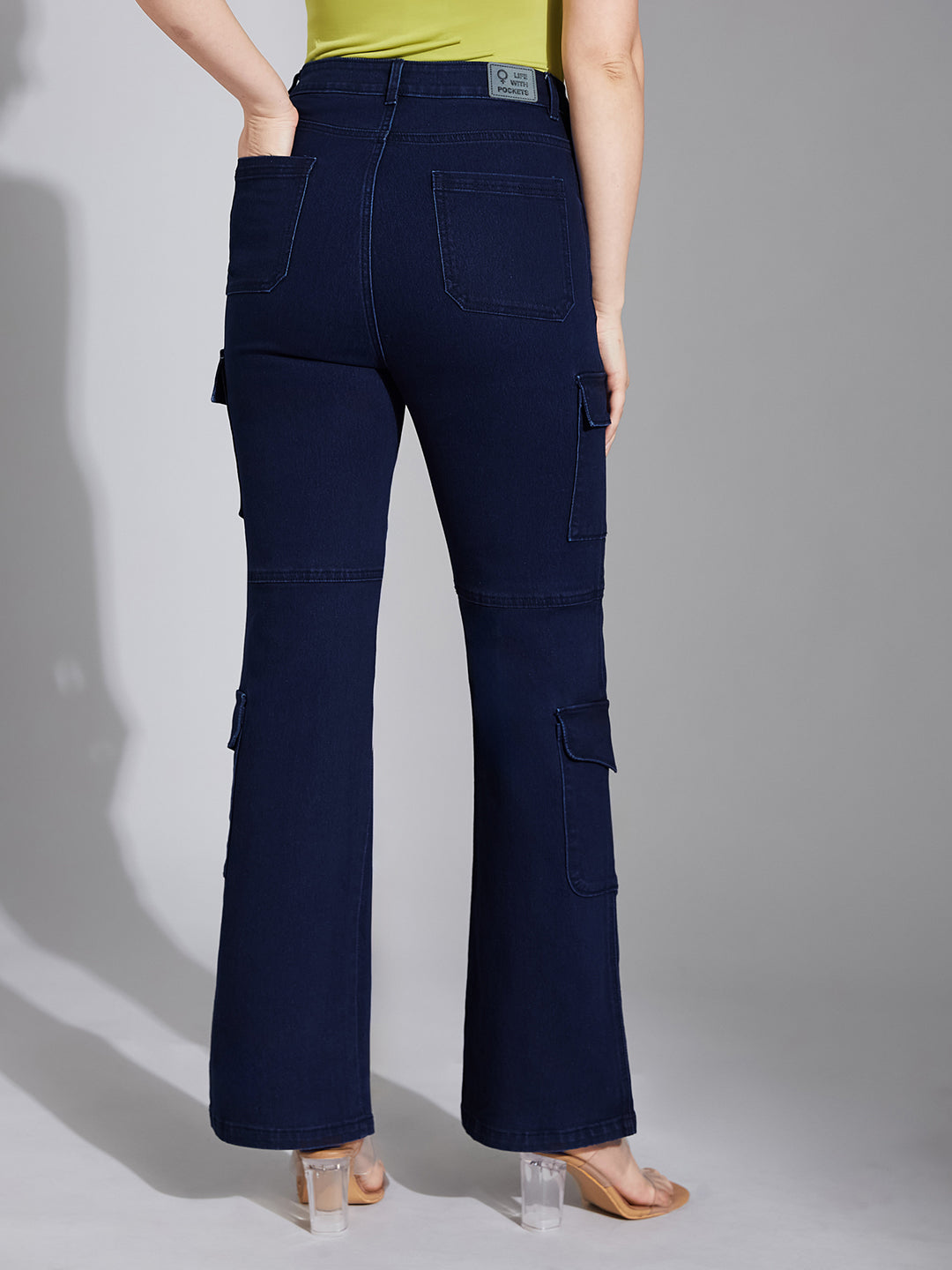 Women's Navy Blue Wide-Leg High-Rise Clean-Look Stretchable Denim Jeans