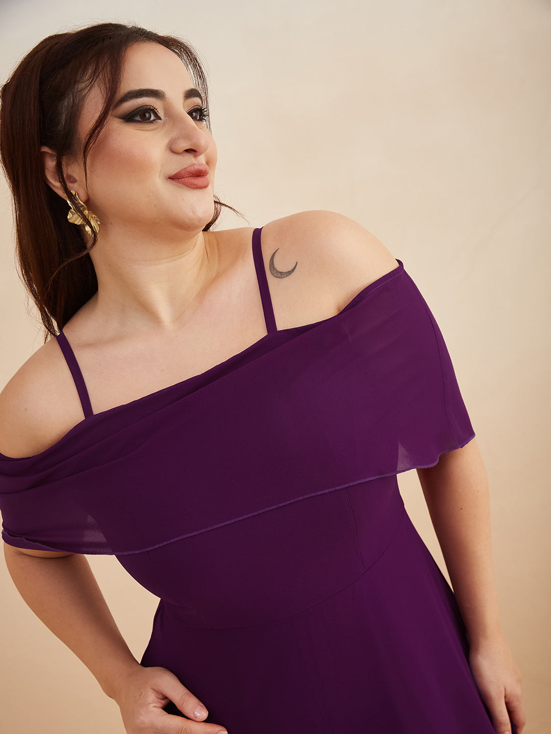 Purple Bardot Style Sleeveless Spaghetti Strap Solid Off Shoulder Midi Skater Dress for Women — Miss Chase A+