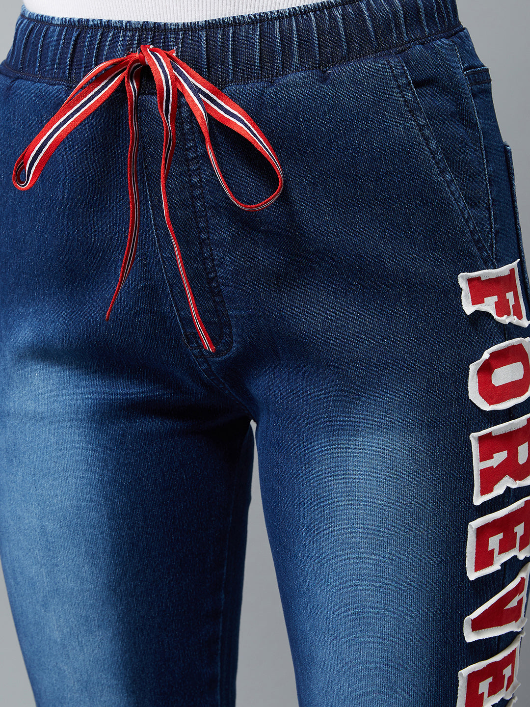 Women's Navy Blue Regular Fit Mid Rise Clean-Look Regular Length Stretchable Denim Jogger