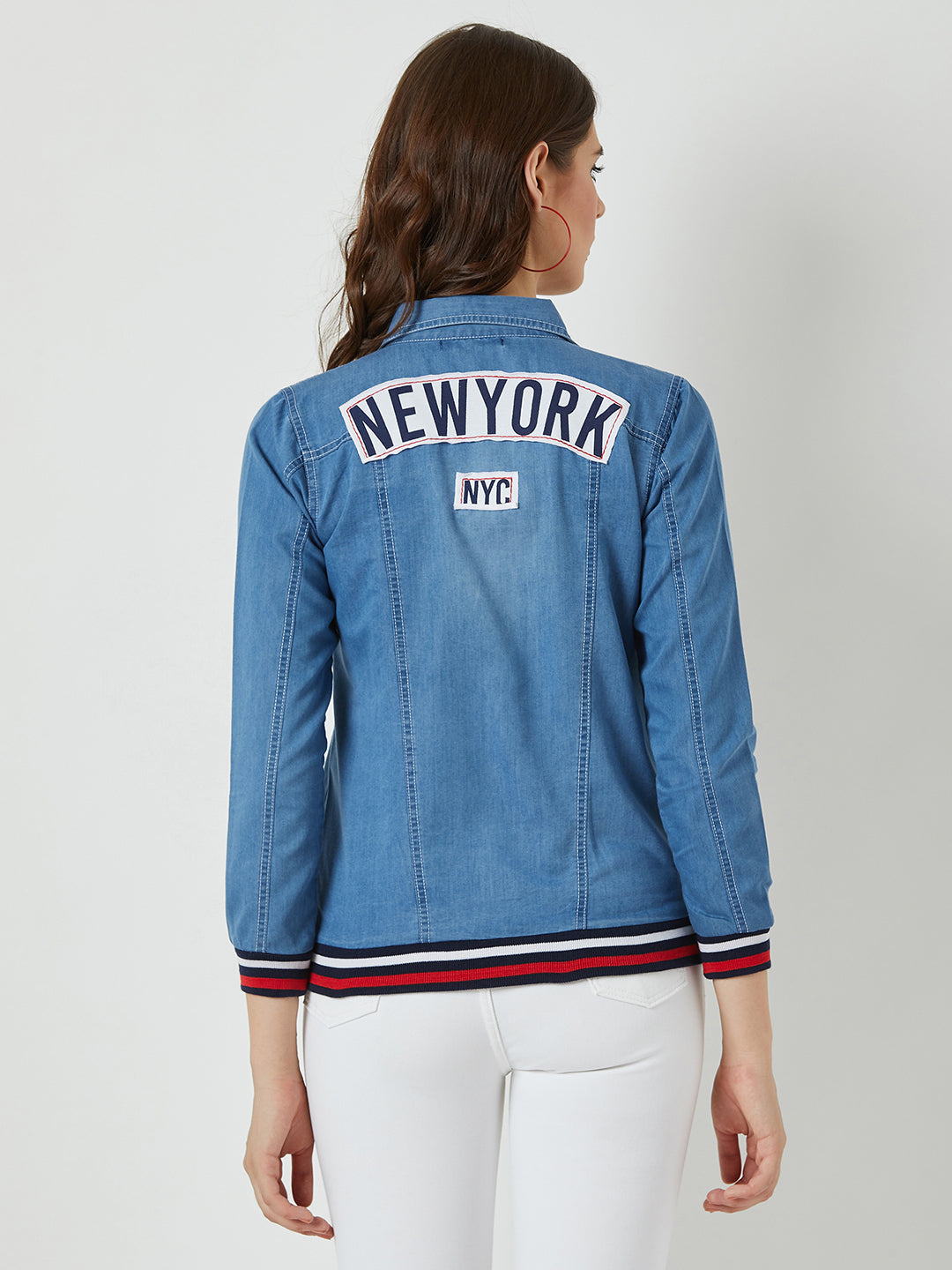 Women's Light Blue Polo Neck Full Sleeve Solid Bomber Regular Length Jacket