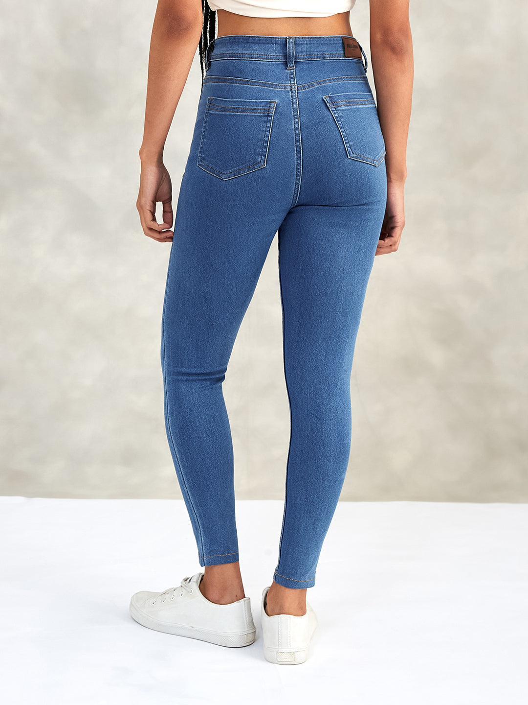Women's Blue Skinny High-Rise Distressed Cropped Denim Jeans