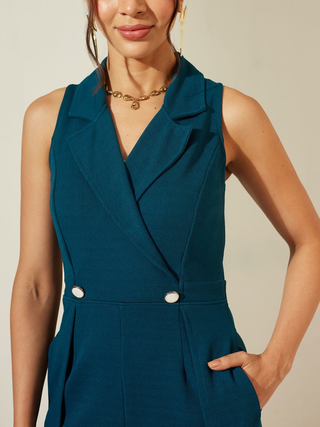 Teal Notched Collar Sleeveless Solid Wrap Regular-Length Jumpsuit for Women