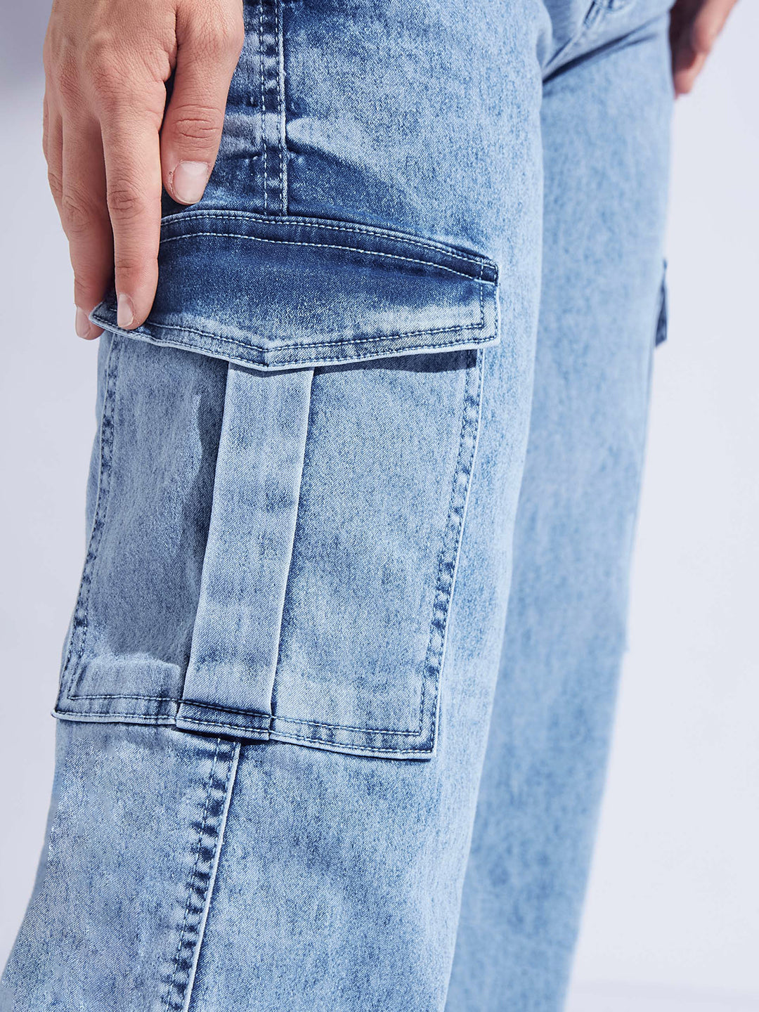 Women's Light Blue Wide-Leg High-Rise Stretchable Flared Cargo-Style Denim Jeans