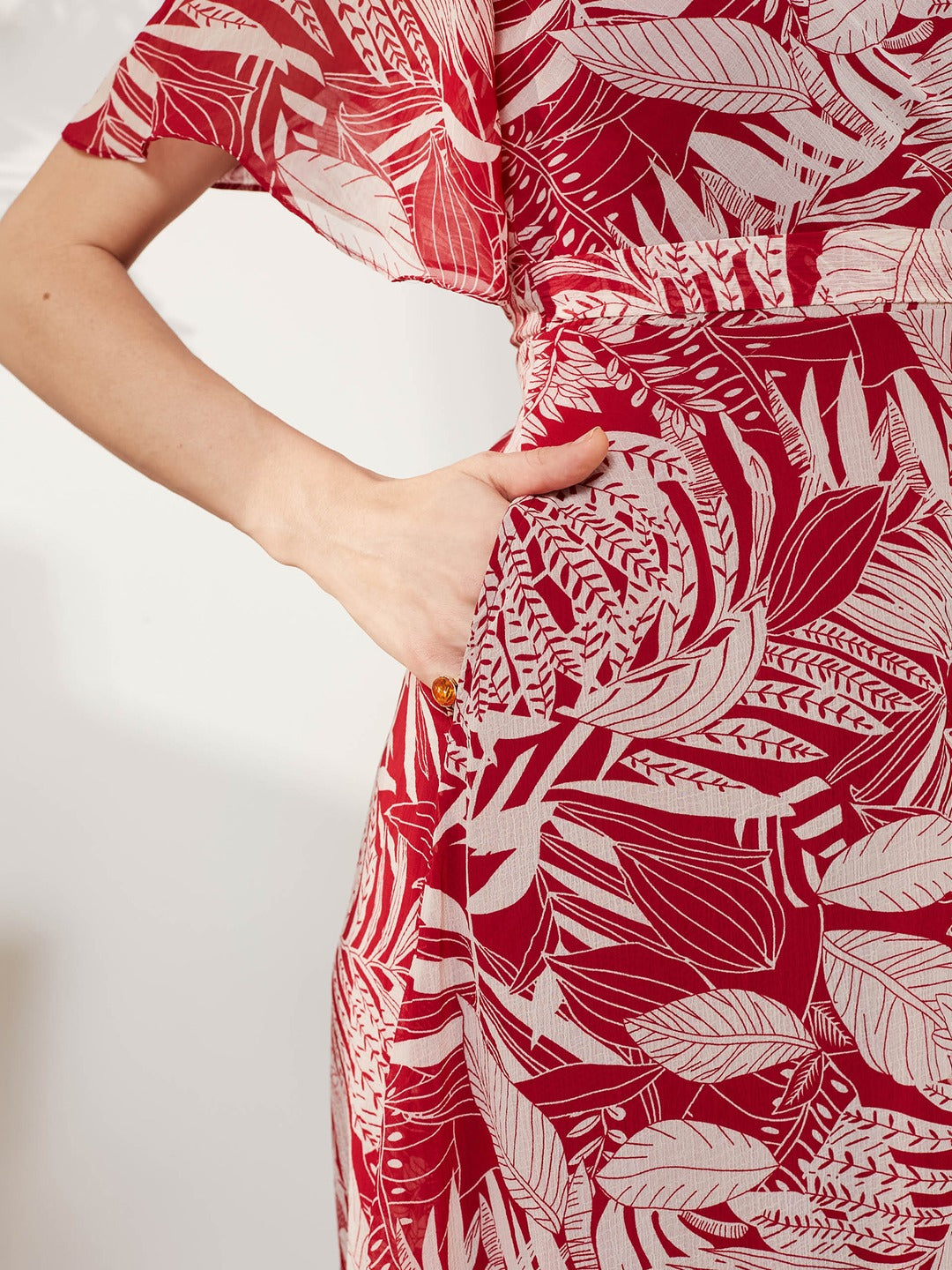 Maroon V Neck Flared Sleeve Floral Wrap Maxi Dress for Women