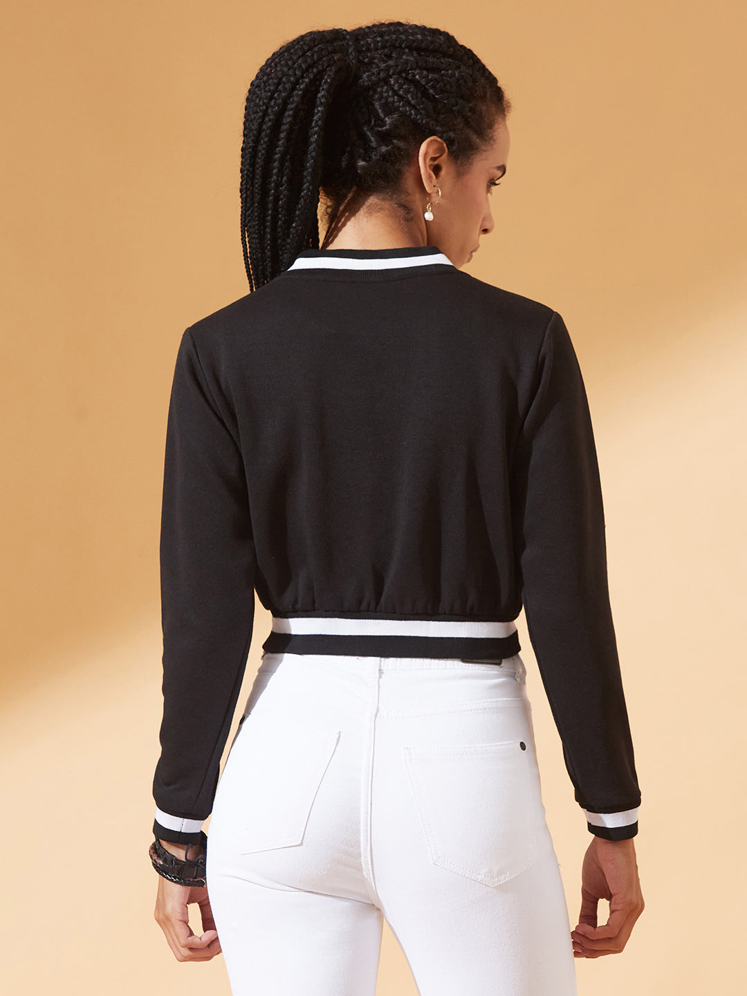 Black V-Neck Full Sleeves Loopknit, Rib Solid Bomber Cropped Jacket for Women