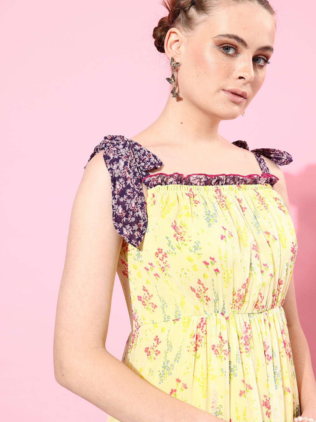 Yellow & Lavender Floral Printed Sleeveless Maxi Dress Long Dress Frock for Women