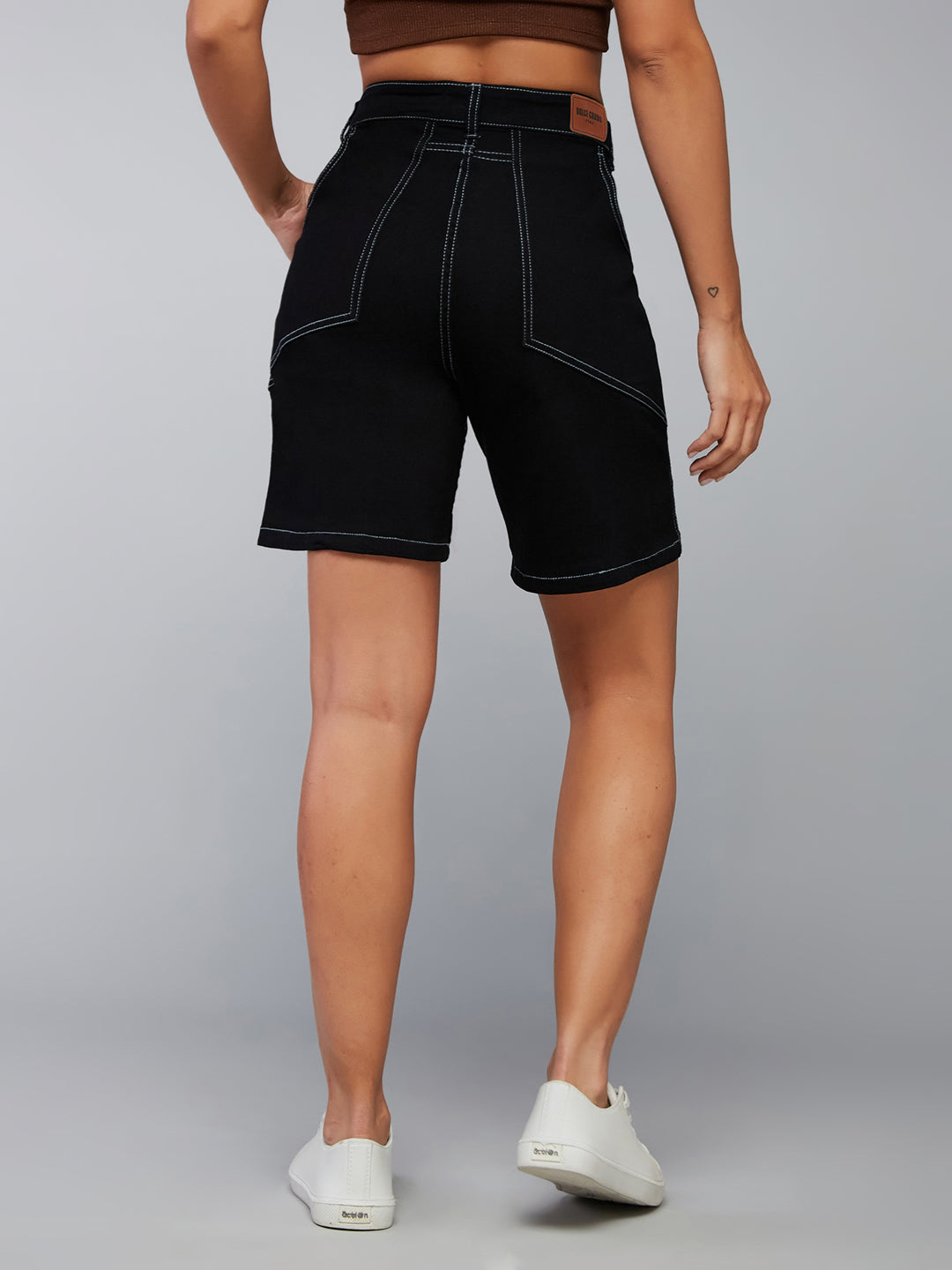 Black Regular High-Rise Clean-Look Above Knee Stretchable Denim Shorts for Women