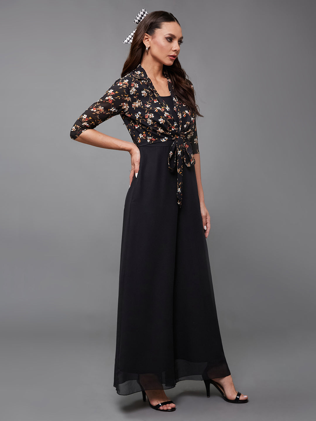 Women's Multicolored-Base-Black Round Neck 3/4 Sleeve Floral Jacket Style Georgette Regular-Length Jumpsuit