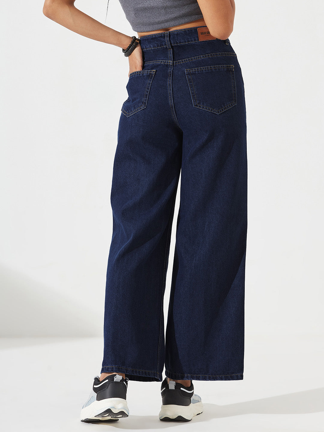 Navy-Blue Wide-Leg High-Rise Clean-Look Non-stretchable Denim Jeans for Women