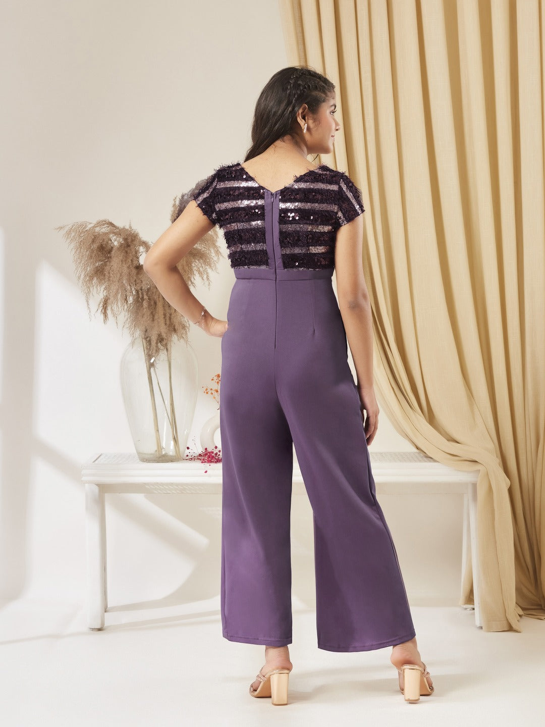 Purple Round Neck Short Sleeve Embellished Front Slit Fringed Regular Jumpsuit for Girls/Teenagers
