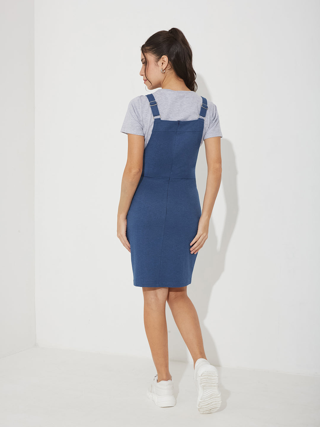 Blue Round Neck Half Sleeve Solid Pinafore Knee-Long Cotton Dress Co-Ord Set for Women — Miss Chase