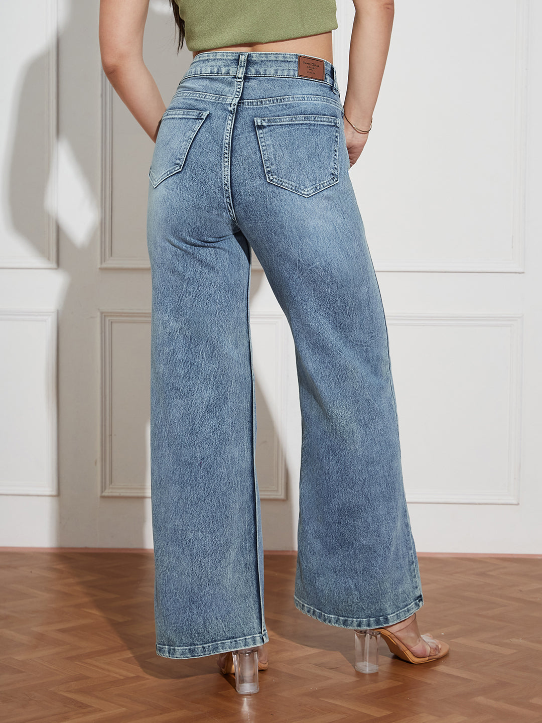 Women's Light Blue High Rise Clean Look Regular-Length Stretchable Denim Wide Leg Shaping Jeans